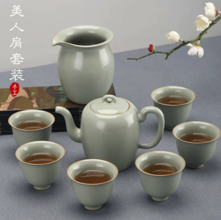 景德镇汝窑分寸茶杯套装 仿古代宋陶瓷功夫茶具 整套茶壶可养开片